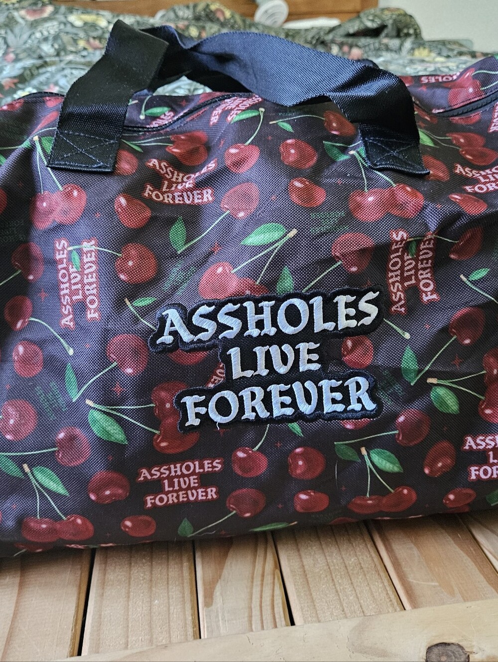 Assholes Live Forever Cherry Print Weekender Duffel Bag - Black & Red